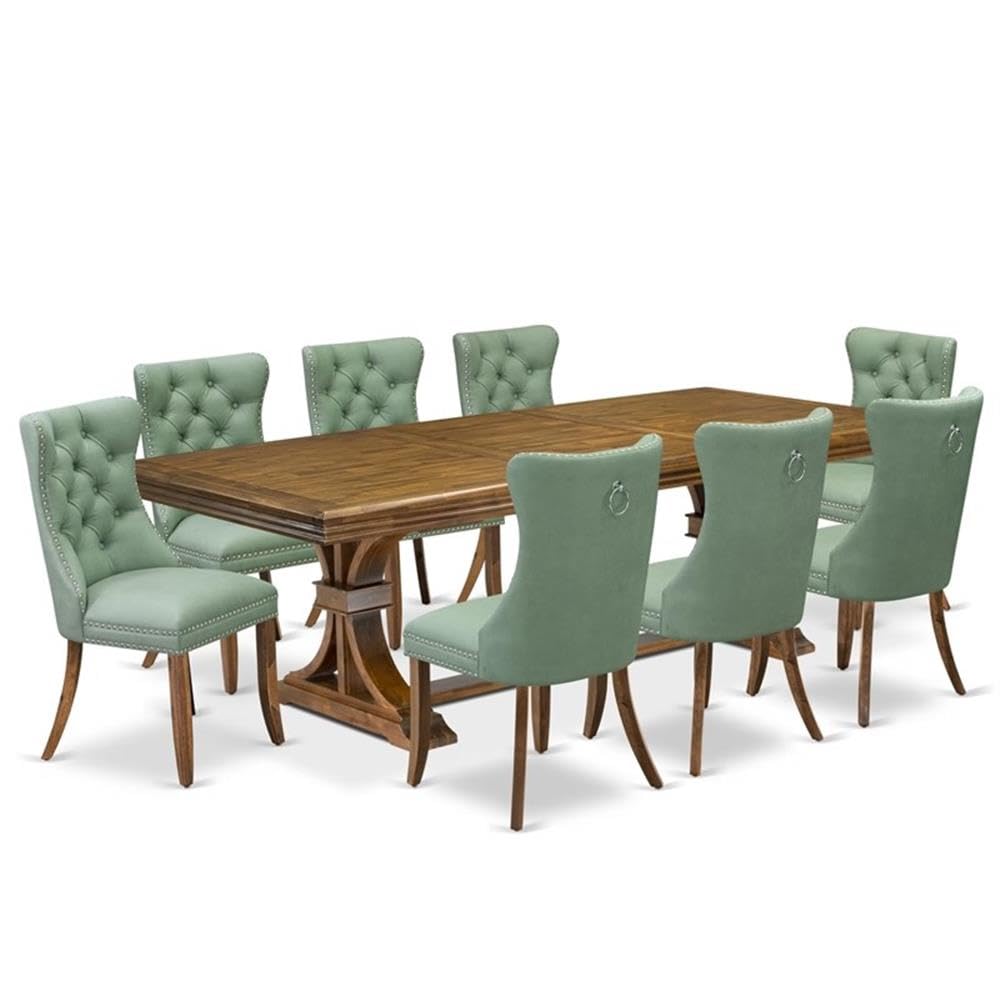 9-Piece Acacia Wood Dining Table Set with Green Faux Leather Chairs N80901