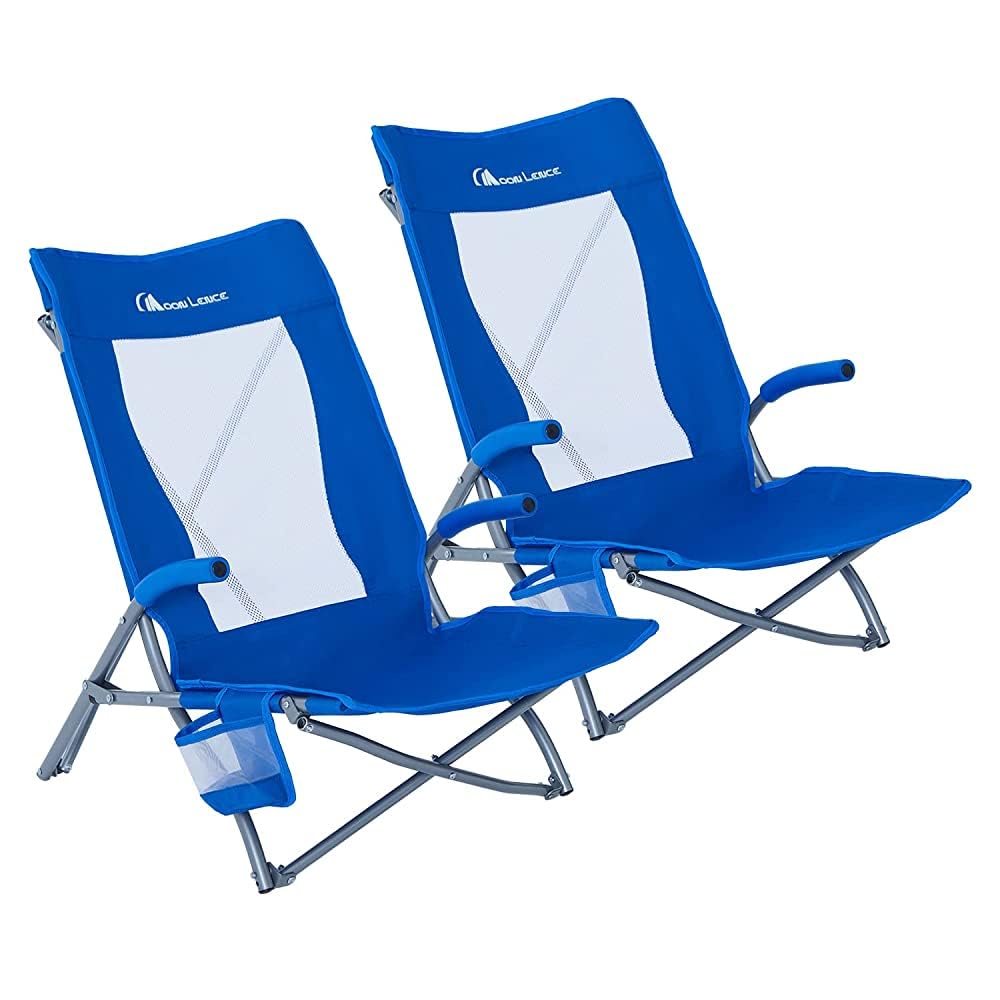 2 Pack Low Beach Lounge Chair with Cup Holder & Carry Bag G357