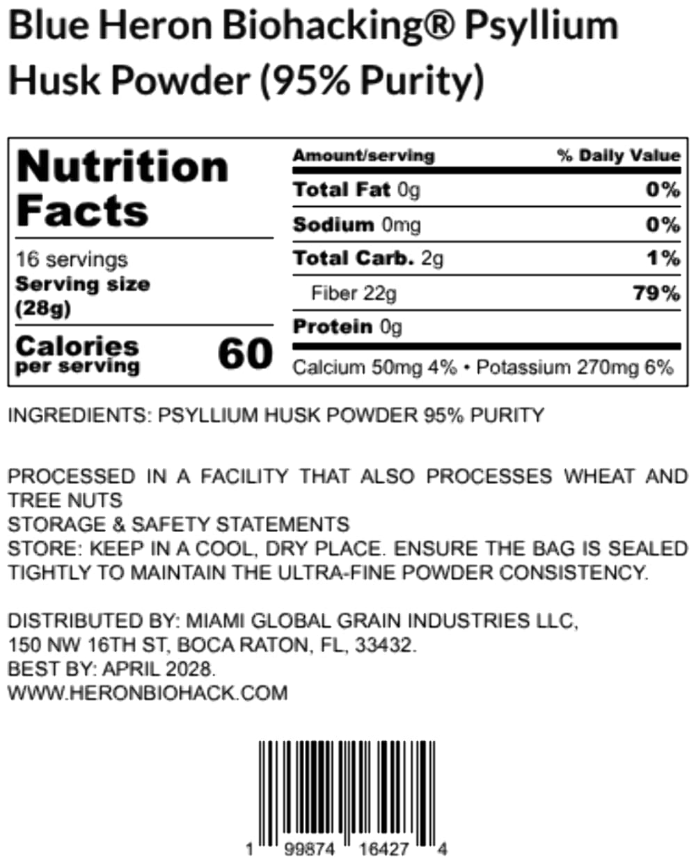 Psyllium Husk Powder 95% Purity Fiber Supplement 16oz Pack of 7 L228
