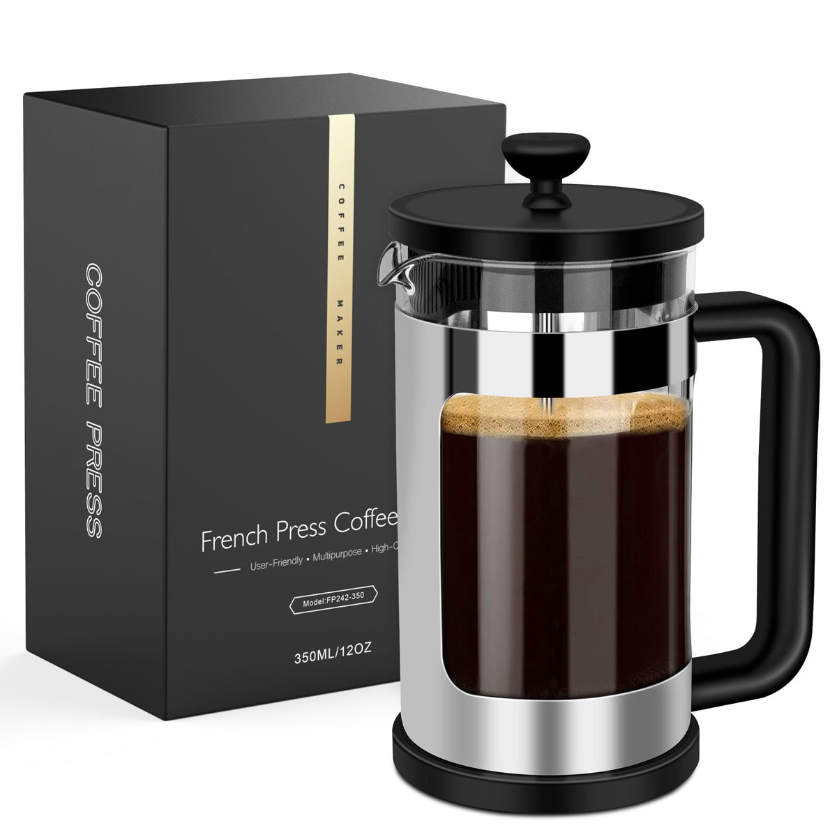 French Press Coffee Maker 12 Oz Borosilicate Glass Q716