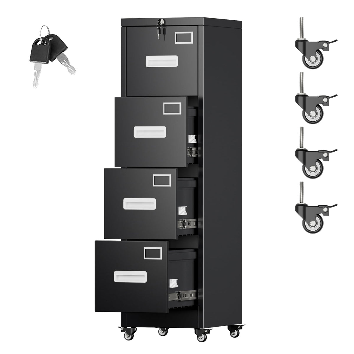 Metal 4 Drawer File Cabinet with Lock and Wheels, Black D848446