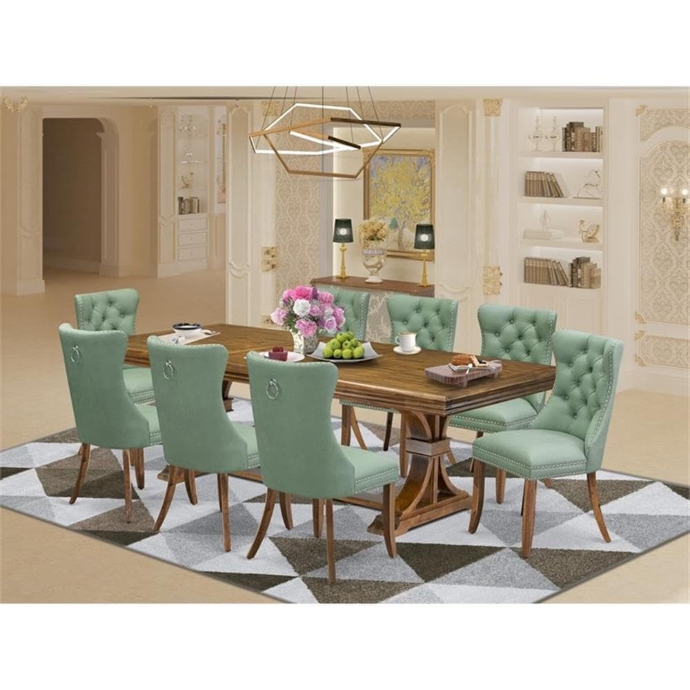 9-Piece Acacia Wood Dining Table Set with Green Faux Leather Chairs N80901