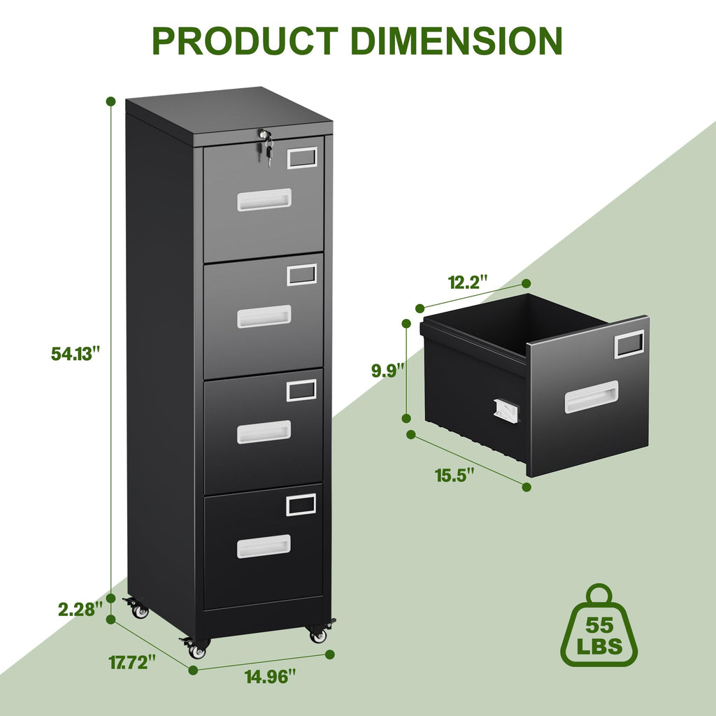 Metal 4 Drawer File Cabinet with Lock and Wheels, Black D848446