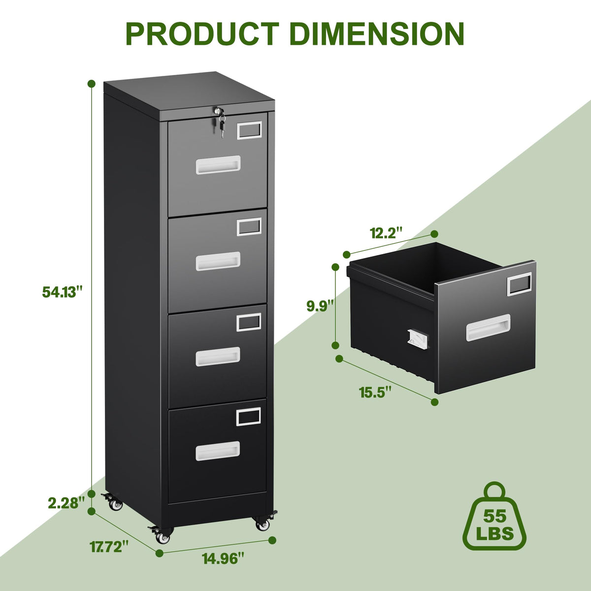 Metal 4 Drawer File Cabinet with Lock and Wheels, Black D848446