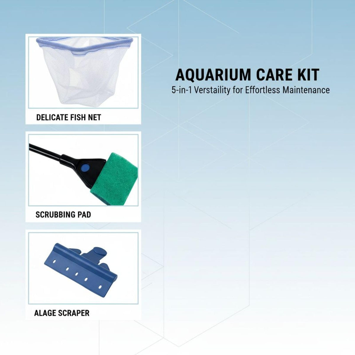 5 in 1 Aquarium Cleaning Kit with Algae Scraper Gravel Rake Fish Net and Brush N114140