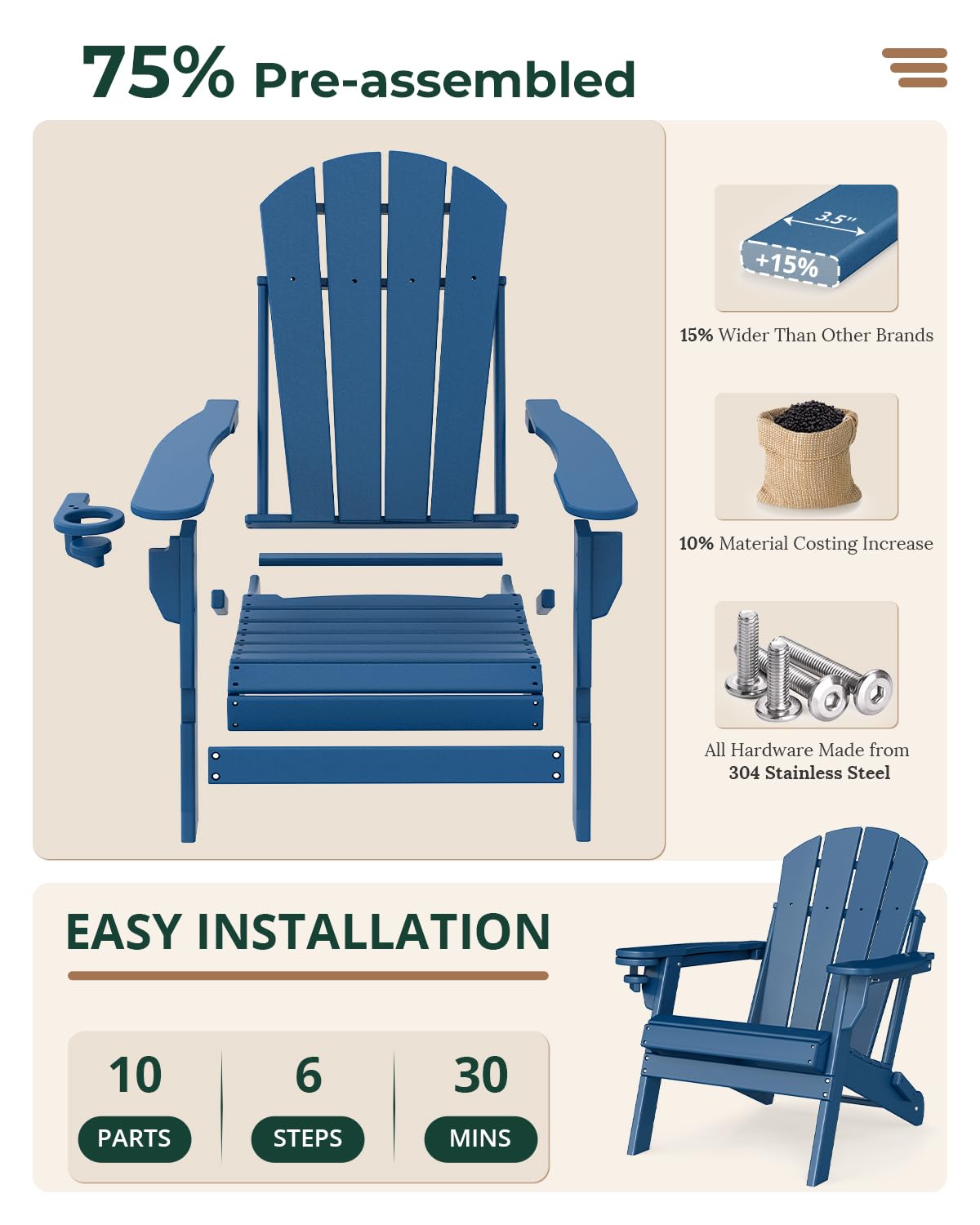 Folding Adirondack Chairs Set of 2 Blue HDPE Z67652