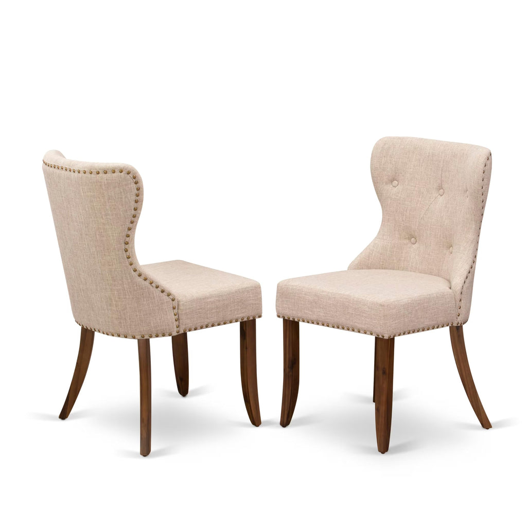 9 Pc Mid Century Dining Table Set with 8 Light Tan Linen Chairs Q63801
