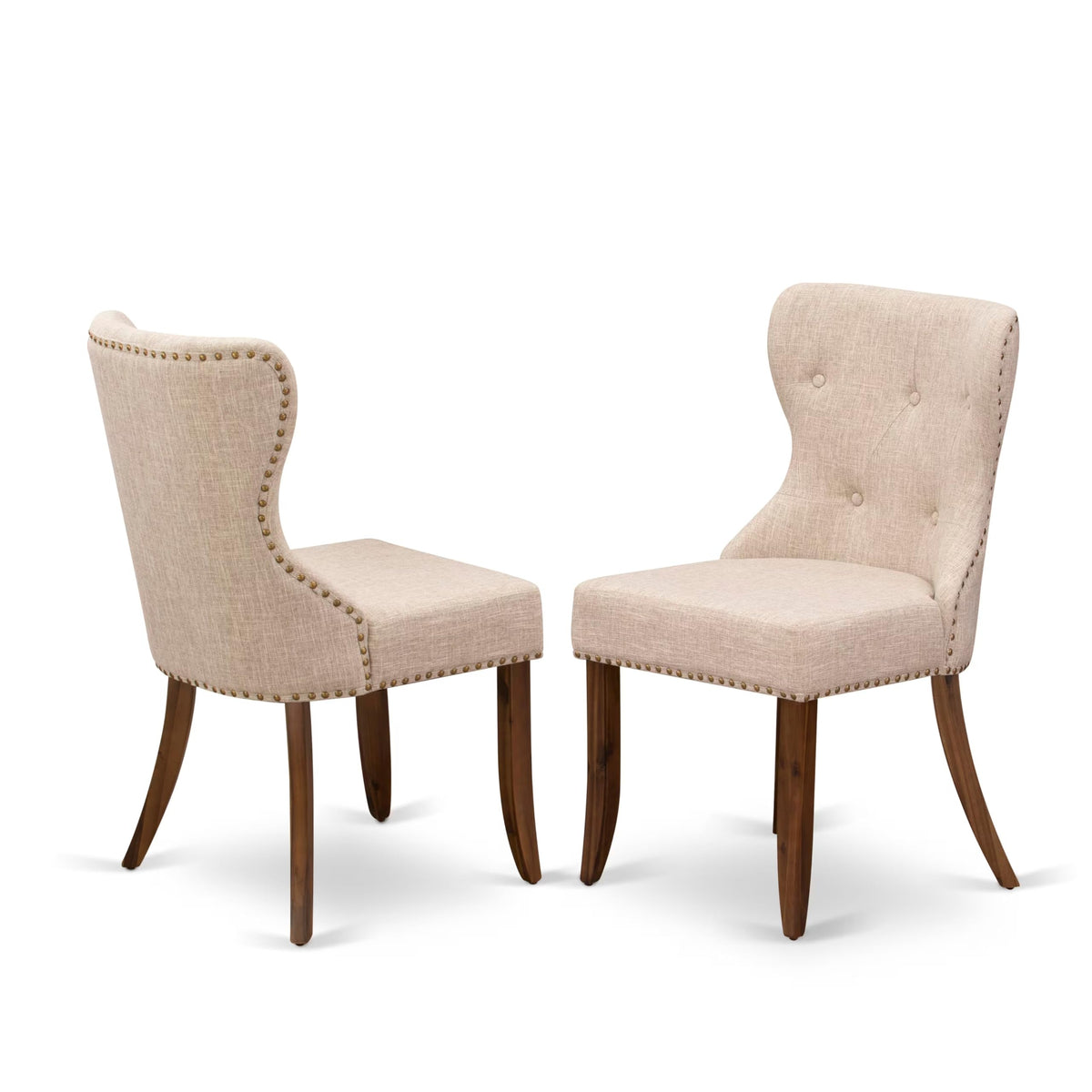 9 Pc Mid Century Dining Table Set with 8 Light Tan Linen Chairs Q63801