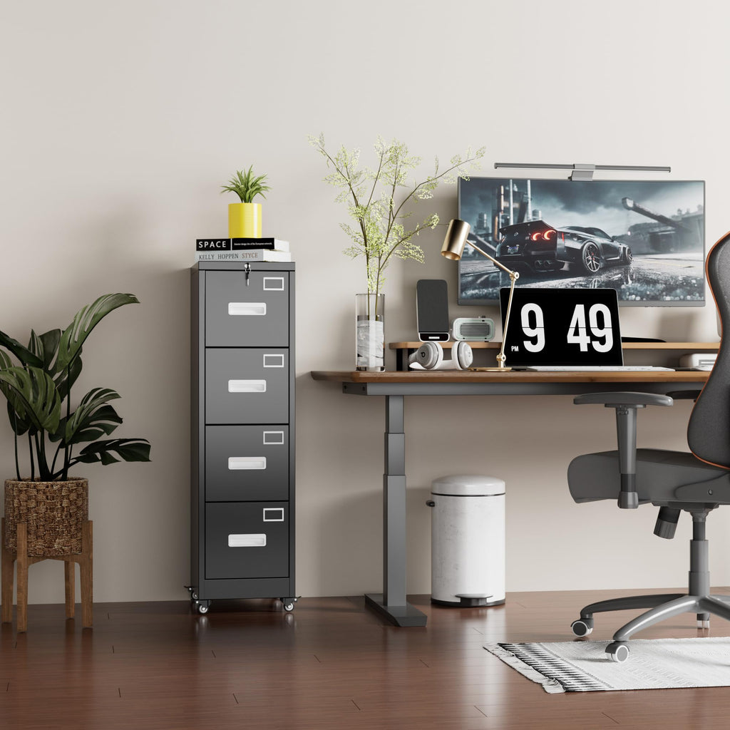 Metal 4 Drawer File Cabinet with Lock and Wheels, Black D848446