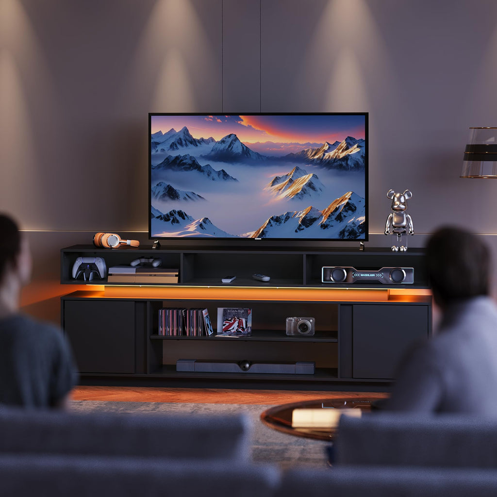 Black 2 Tier TV Stand with RGB LED Lights and Storage Cabinets F3566