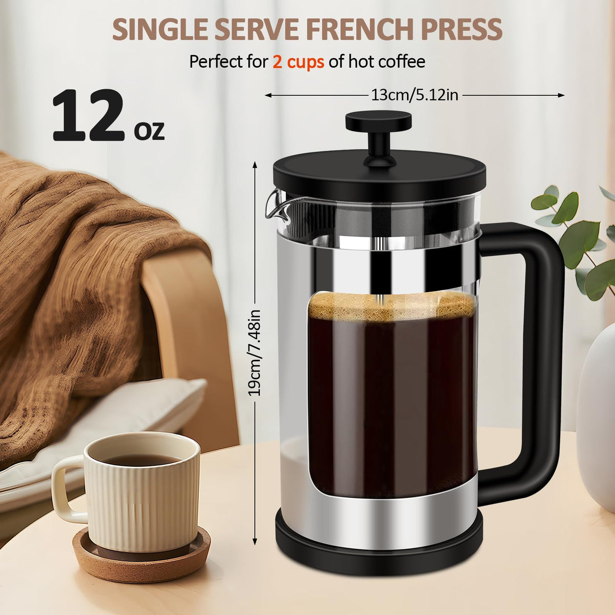 French Press Coffee Maker 12 Oz Borosilicate Glass Q716