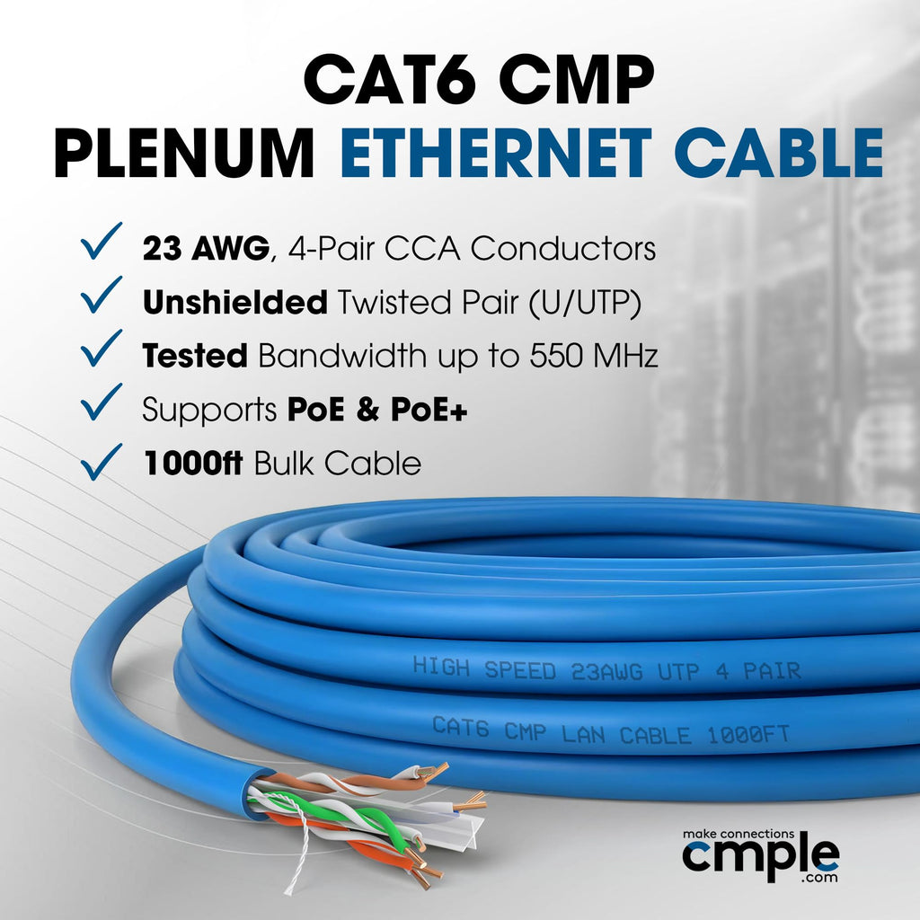 Cat6 Plenum CMP 23AWG UTP Solid 1000ft Blue Ethernet Cable P58618