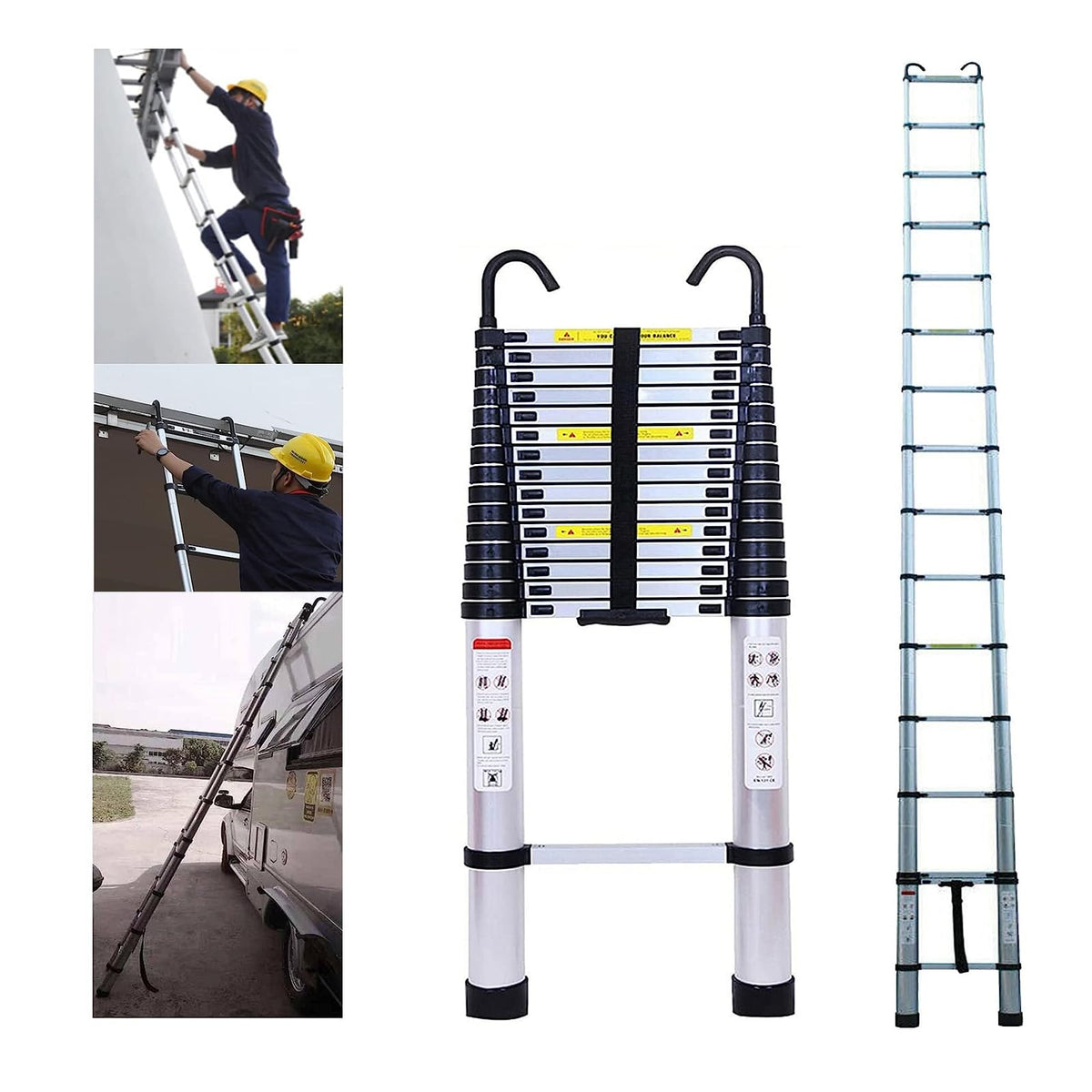 20FT Aluminum Telescoping Ladder with 2 Detachable Hooks, 330 lb Capacity S614