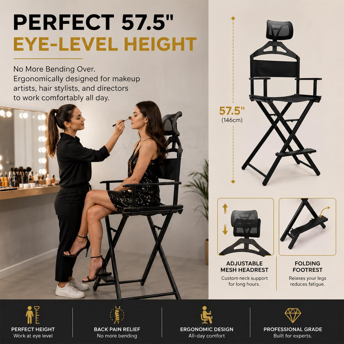 Gold Portable Collapsible Tall Makeup Artist Chair with Head Rest Z907