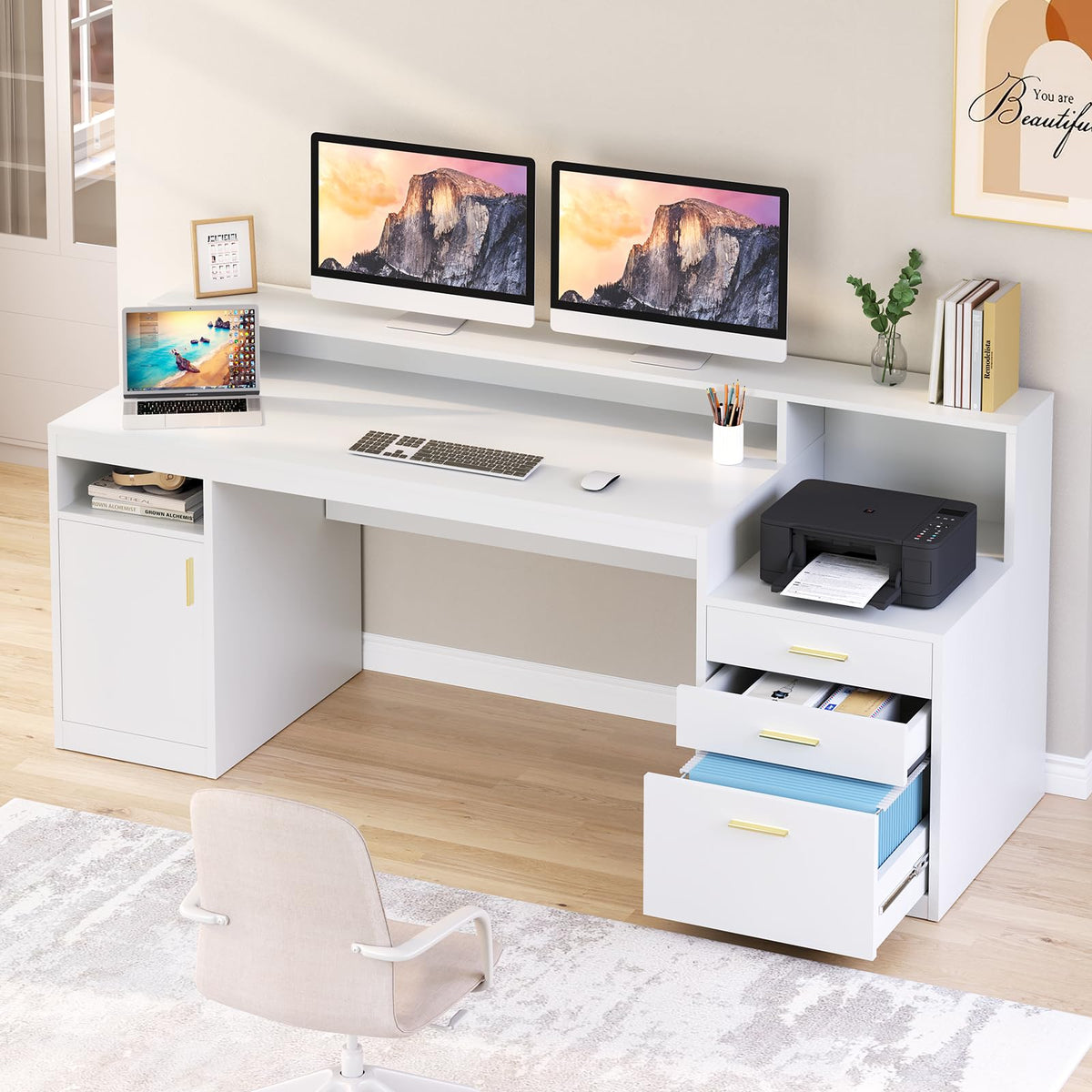 65" White Computer Desk with 3 Drawers Q262