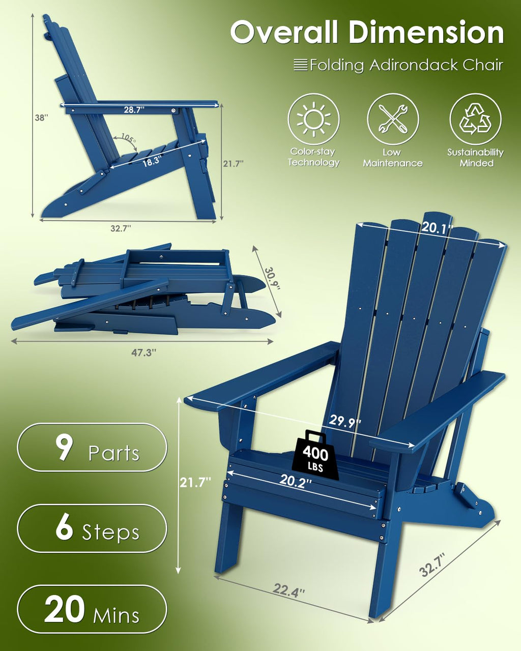 Blue Folding Adirondack Chairs Set of 2 I586
