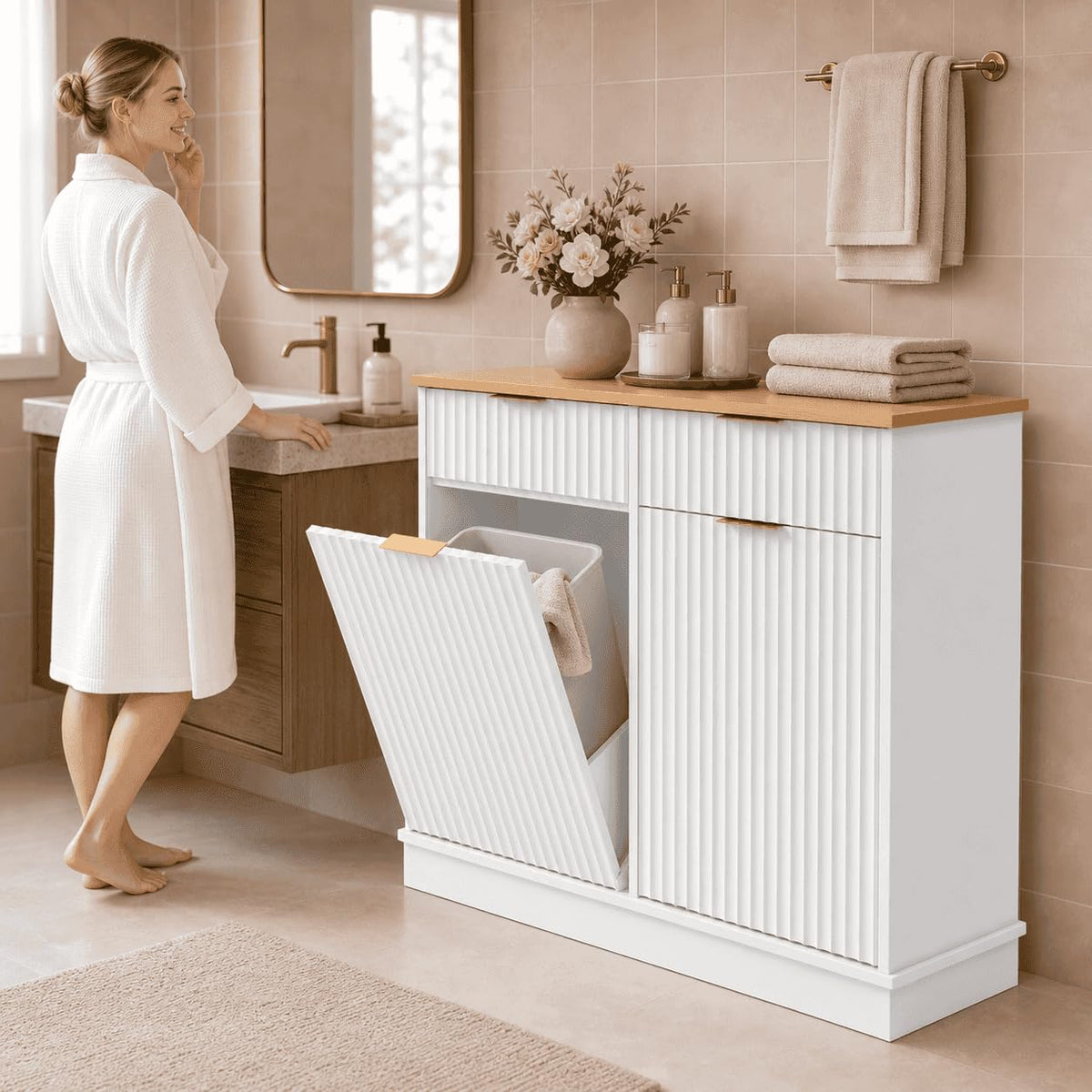 White Double Tilt Out Trash Can Cabinet M69610