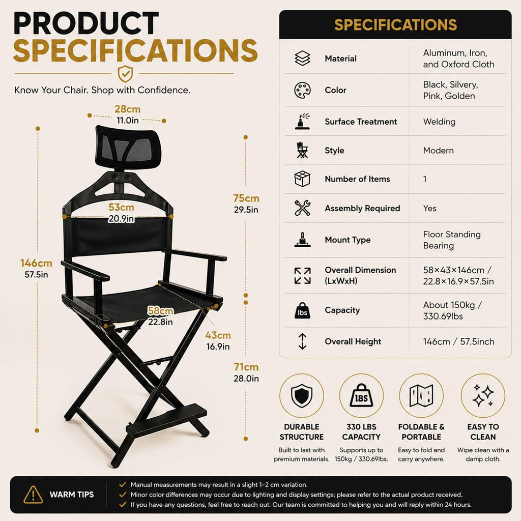 Gold Portable Collapsible Tall Makeup Artist Chair with Head Rest Z907