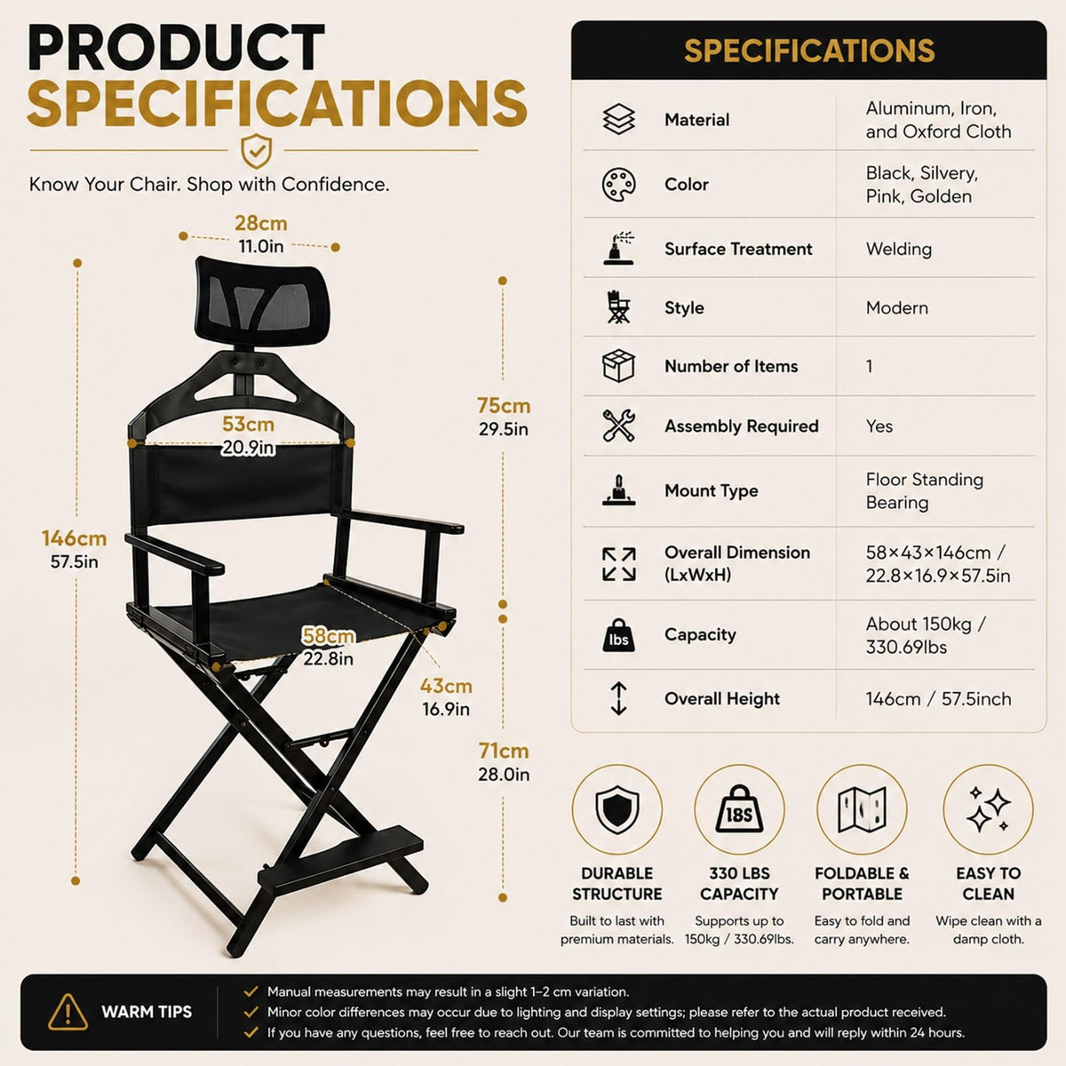 Gold Portable Collapsible Tall Makeup Artist Chair with Head Rest Z907