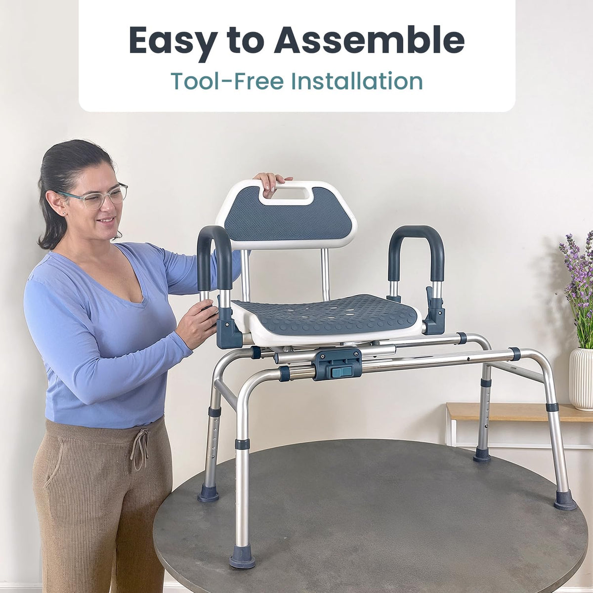 Dark Blue Sliding Shower Chair Tub Transfer Bench with Swivel Seat M908375
