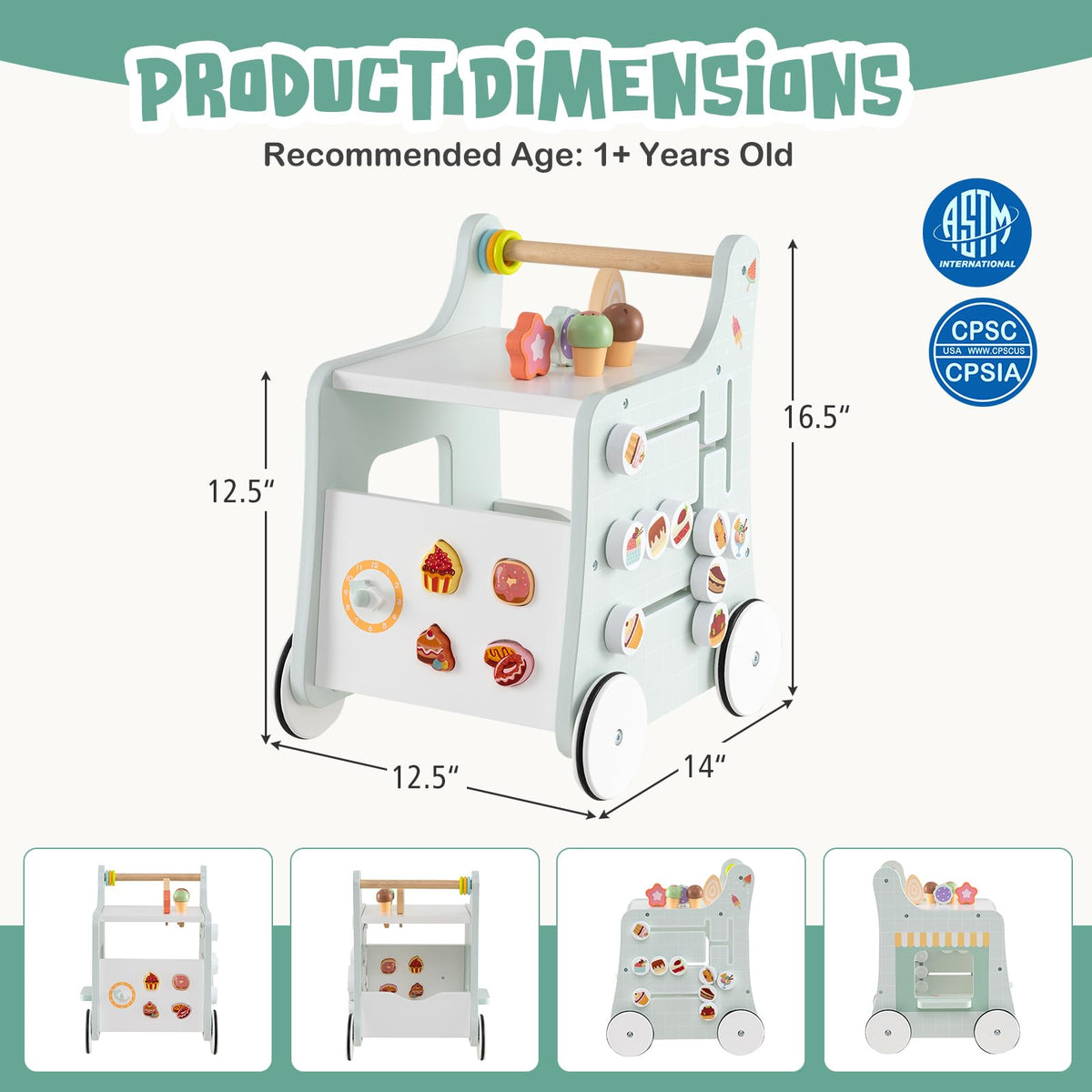 Wooden Baby Walker with Storage and Wheels Y827