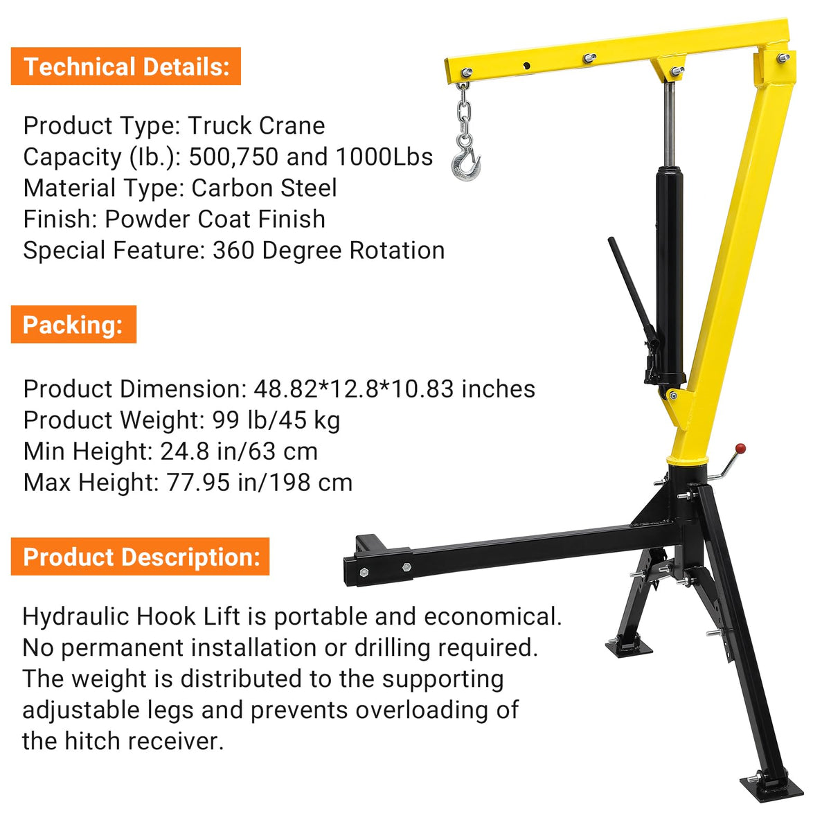 Hydraulic 1000Lbs Hitch-Mounted 360° Swivel Pickup Truck Crane Q99143