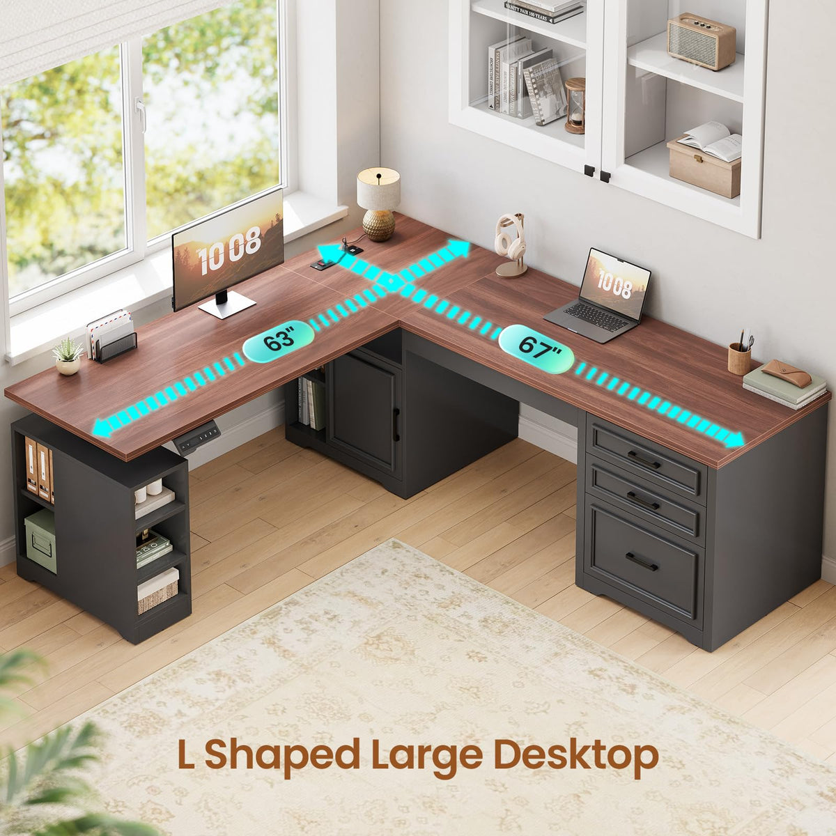 L Shaped Height Adjustable Standing Desk with Drawers and Shelves S8396