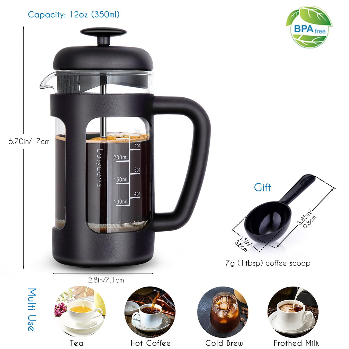 French Press and Gooseneck Pour Over Coffee Kettle 12 oz Stainless Steel Q730552