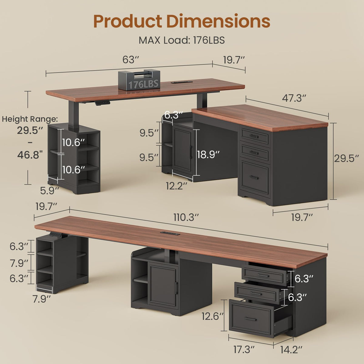 L Shaped Height Adjustable Standing Desk with Drawers and Shelves S8396