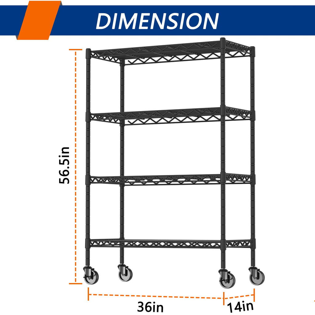 4-Shelf Adjustable Metal Storage Shelving Unit on Wheels, Black L211