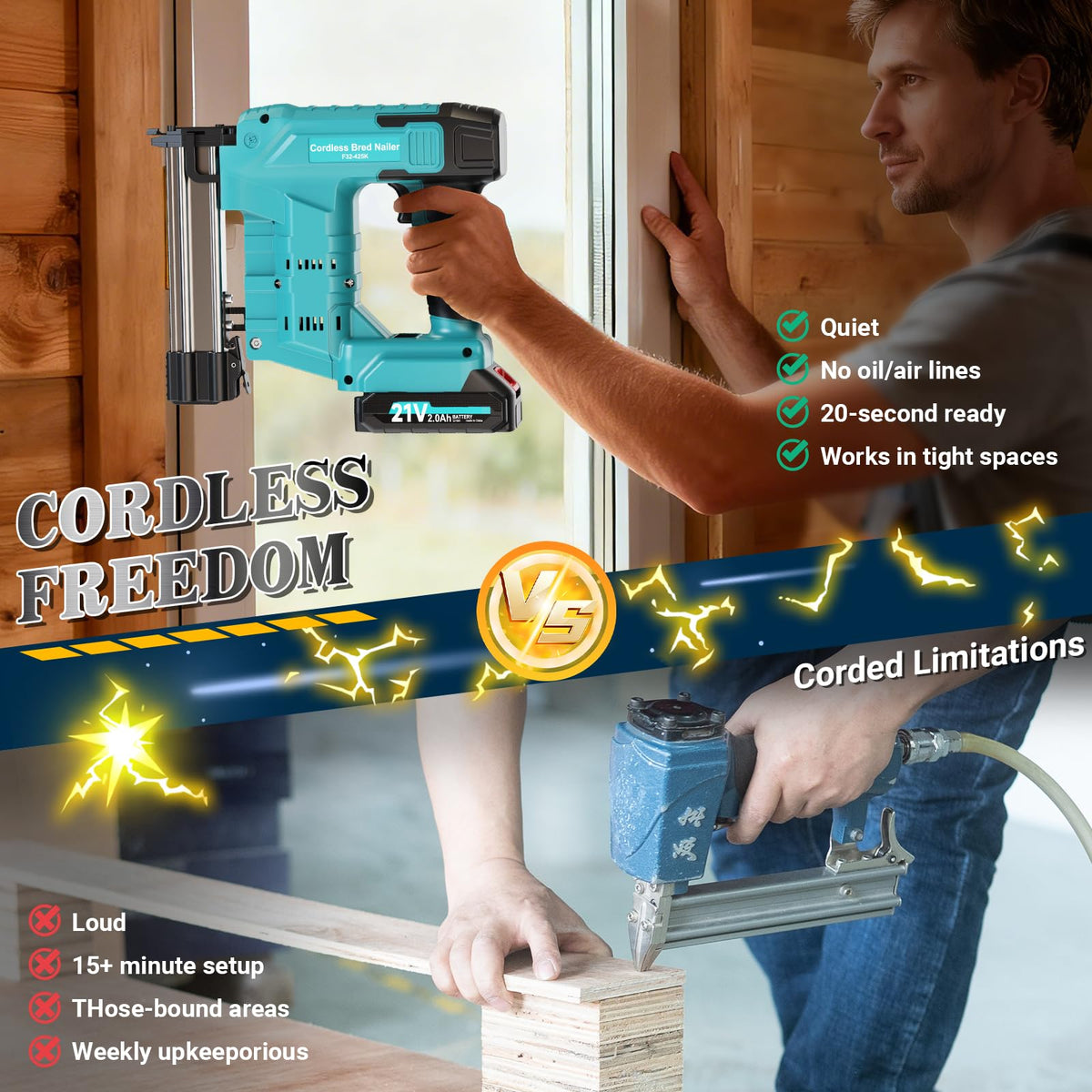 Cordless 2-in-1 21V Electric Nail Gun with Battery L52007