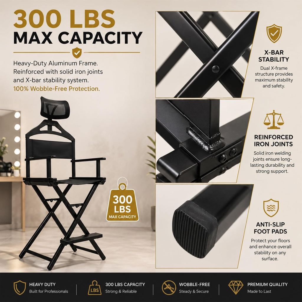 Gold Portable Collapsible Tall Makeup Artist Chair with Head Rest Z907