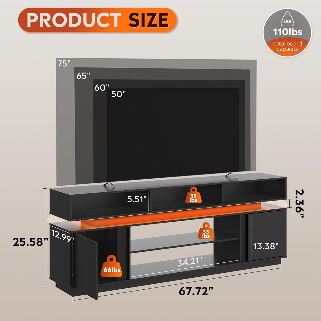Black 2 Tier TV Stand with RGB LED Lights and Storage Cabinets F3566