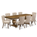 9 Pc Mid Century Dining Table Set with 8 Light Tan Linen Chairs Q63801