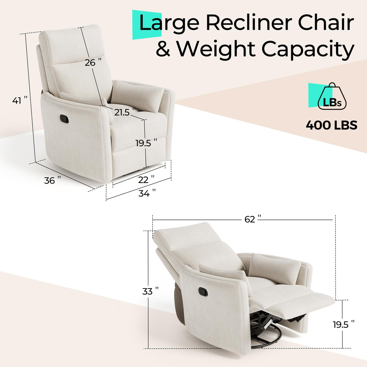 360 Swivel Chenille Recliner Chair with 2 Pillows H36177