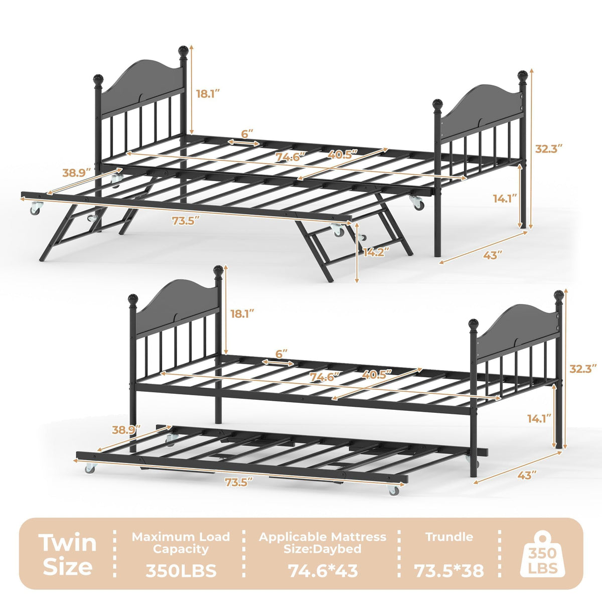 Black Daybed with Pop Up Trundle Z3384