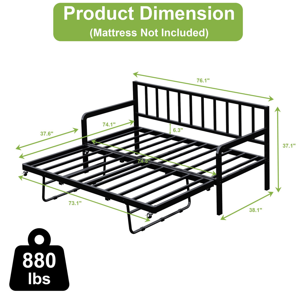 Twin Daybed with Pop Up Trundle, Metal Steel Slats, Black O1793