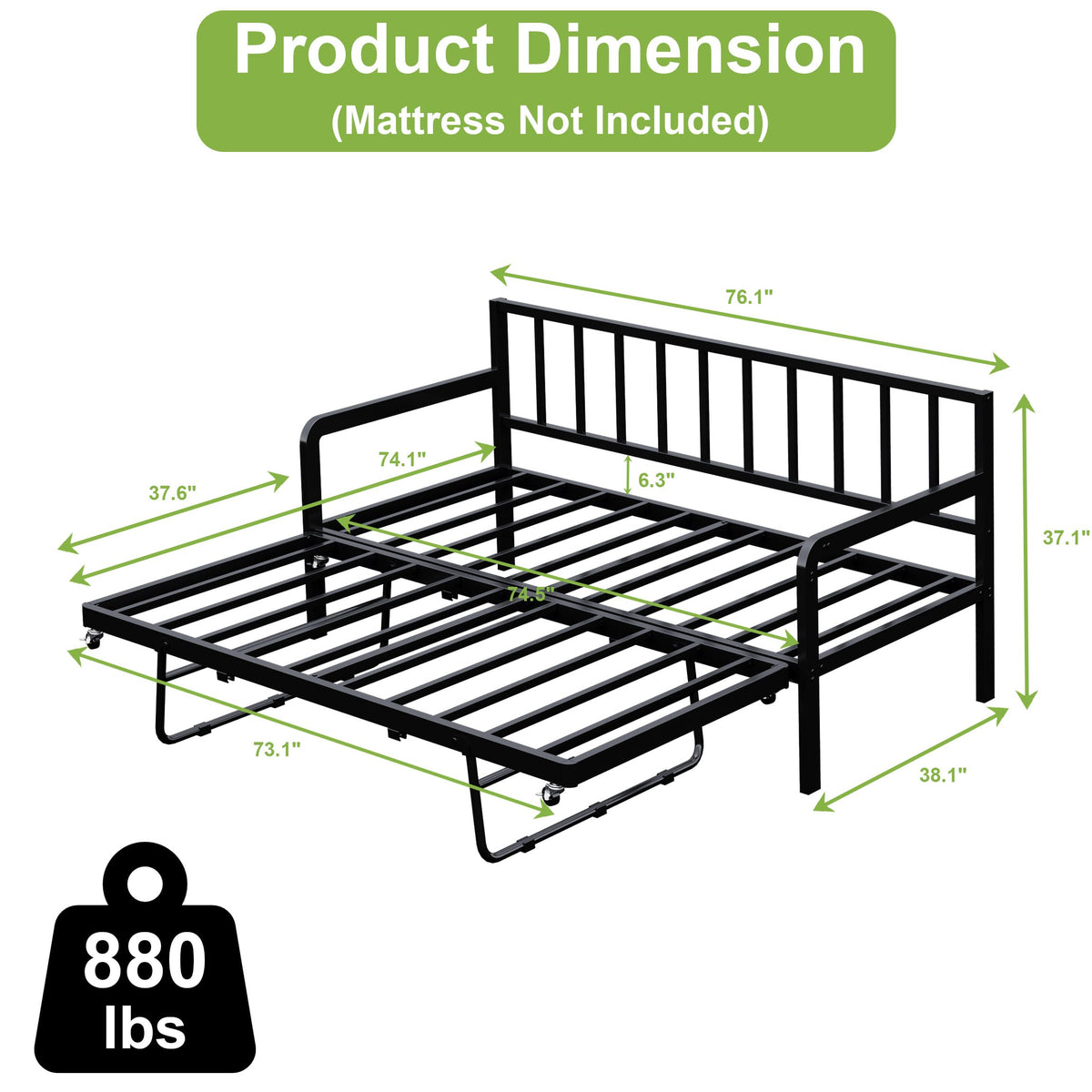 Twin Daybed with Pop Up Trundle, Metal Steel Slats, Black O1793