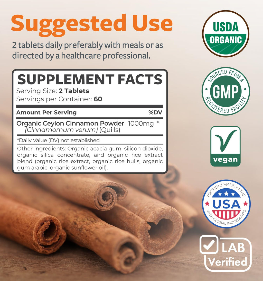 USDA Organic Ceylon Cinnamon 1000mg Vegan Non-GMO Supplement H143658