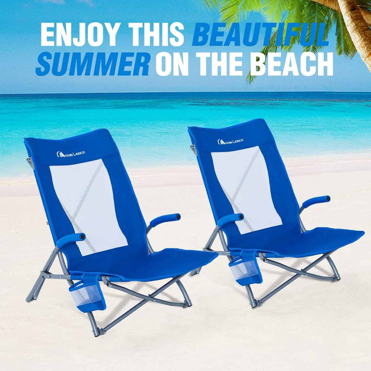 2 Pack Low Beach Lounge Chair with Cup Holder & Carry Bag G357