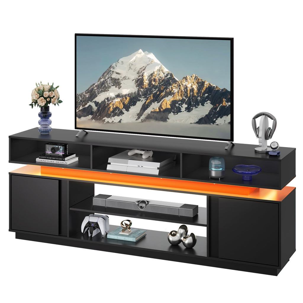 Black 2 Tier TV Stand with RGB LED Lights and Storage Cabinets F3566