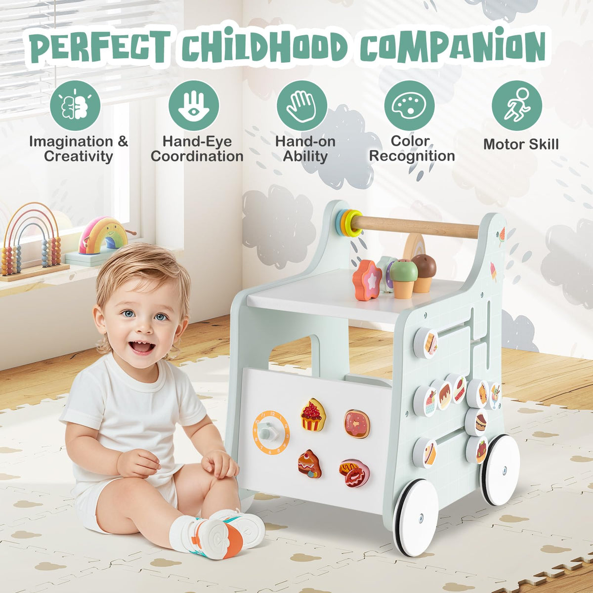 Wooden Baby Walker with Storage and Wheels Y827