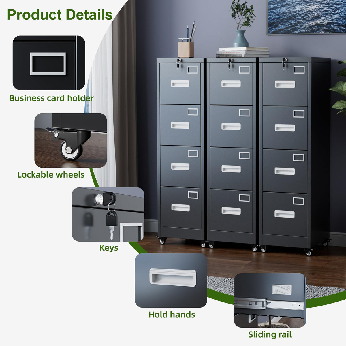 Metal 4 Drawer File Cabinet with Lock and Wheels, Black D848446