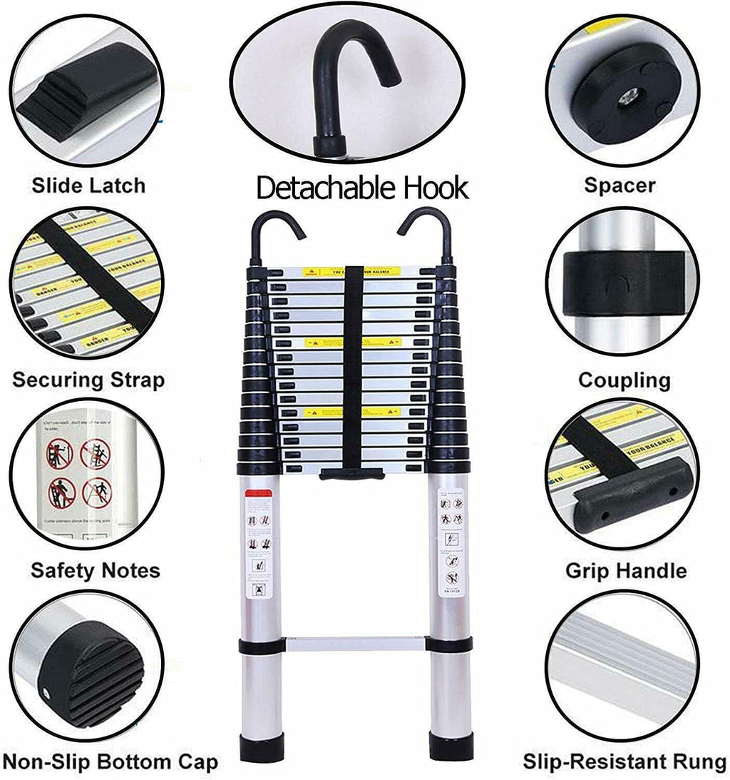 20FT Aluminum Telescoping Ladder with 2 Detachable Hooks, 330 lb Capacity S614