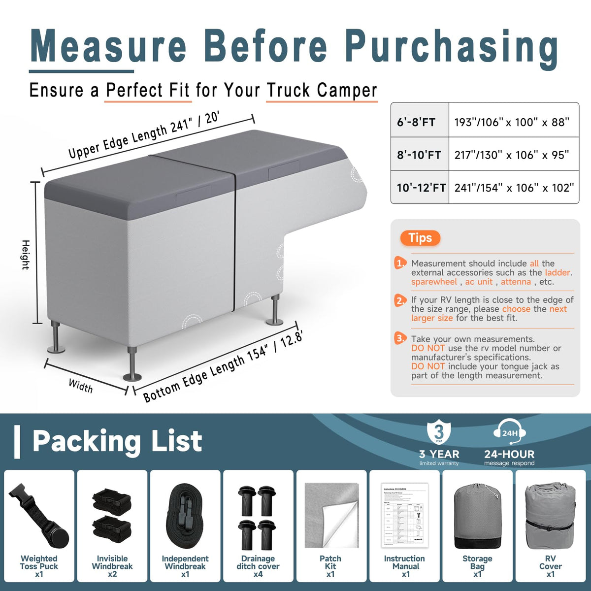 7-Layer Anti-Tear Truck Camper Cover with Gutter Cover C41123