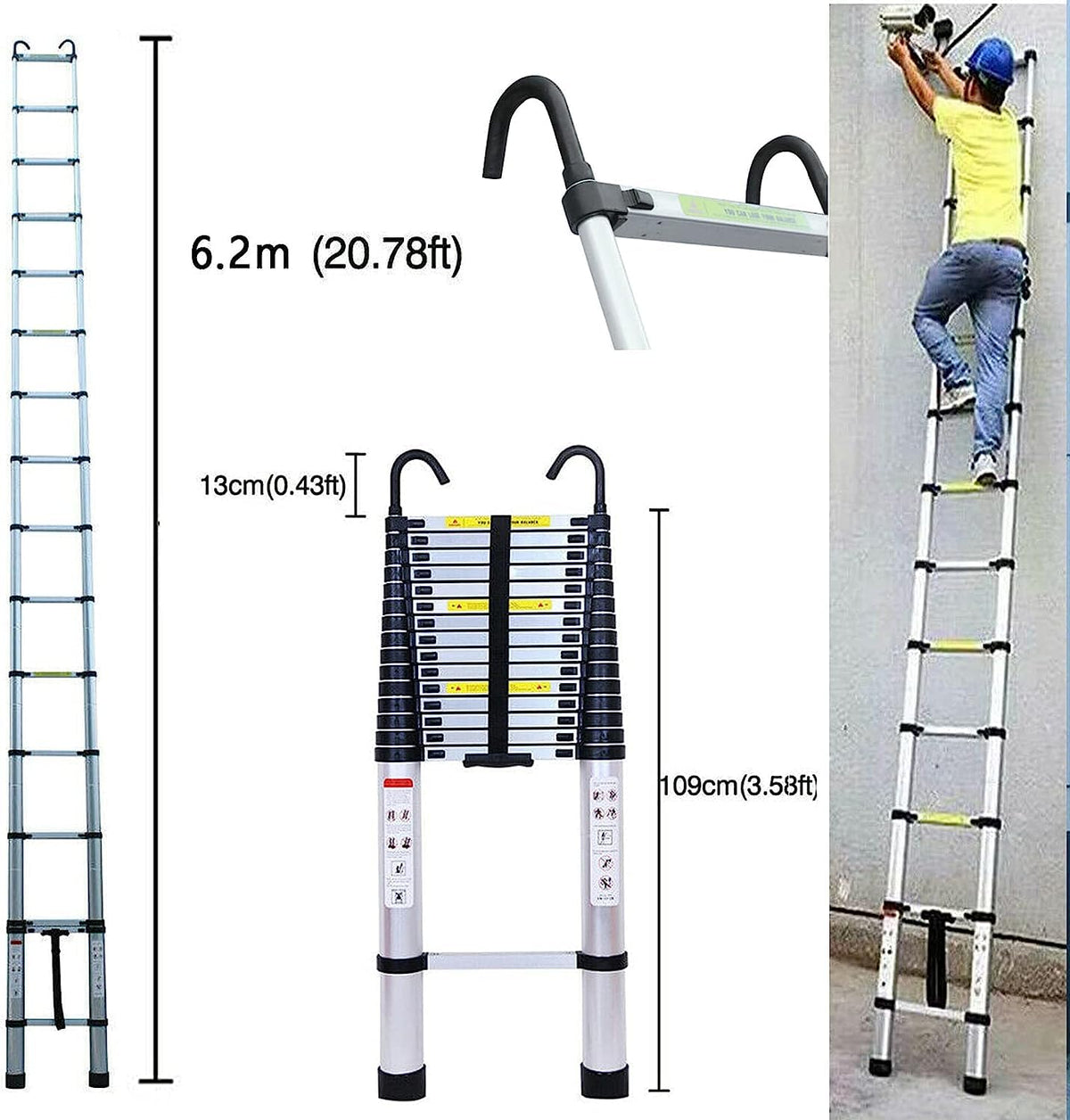 20FT Aluminum Telescoping Ladder with 2 Detachable Hooks, 330 lb Capacity S614