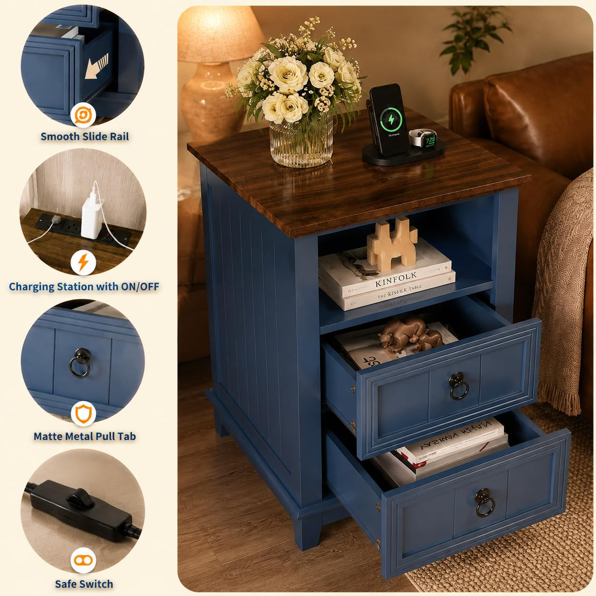 Blue 2-Drawer Nightstand Set of 2 N44001