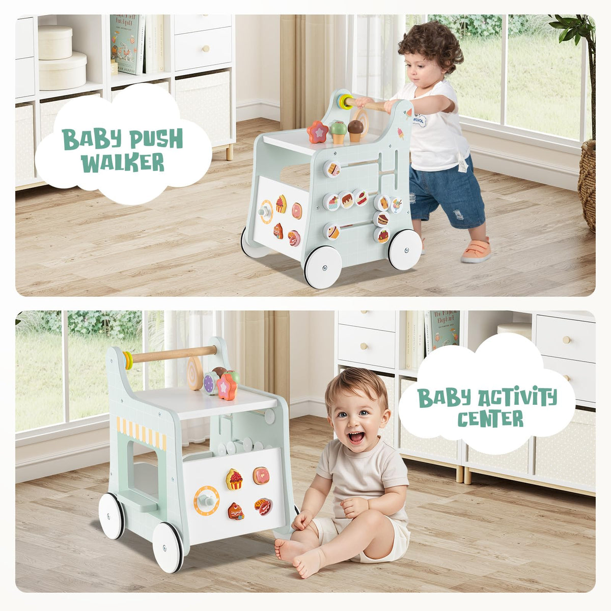 Wooden Baby Walker with Storage and Wheels Y827