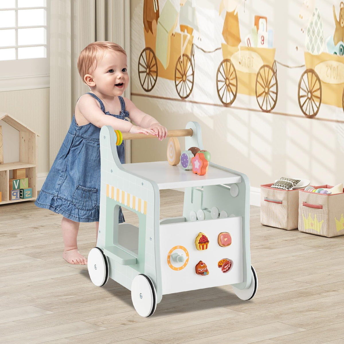 Wooden Baby Walker with Storage and Wheels Y827
