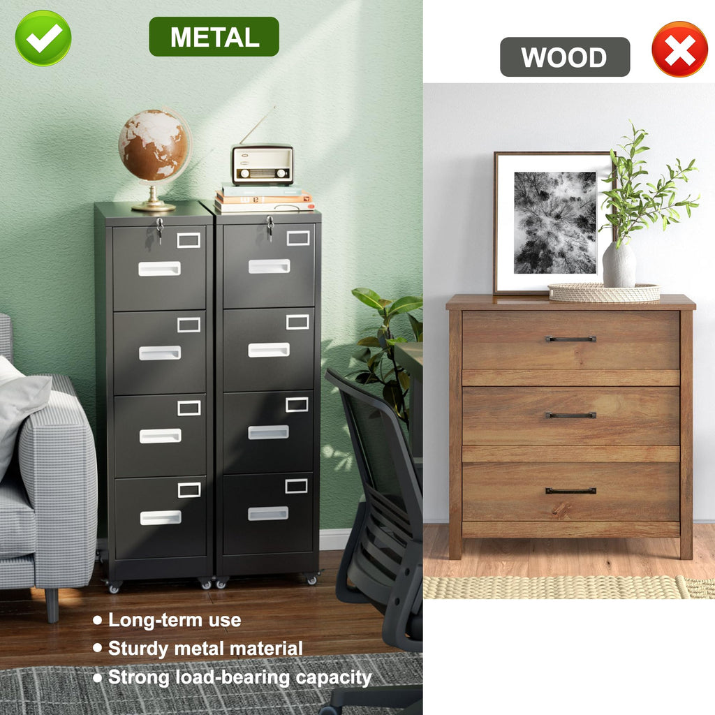 Metal 4 Drawer File Cabinet with Lock and Wheels, Black D848446